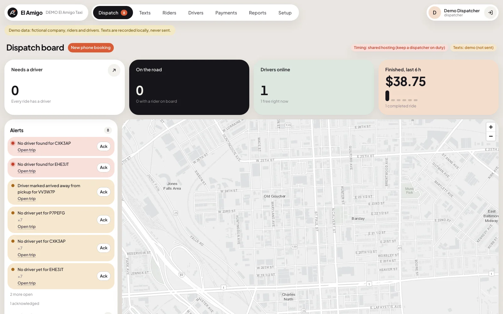 Tablero de despacho de El Amigo con viajes activos, conductores en el mapa y alertas abiertas